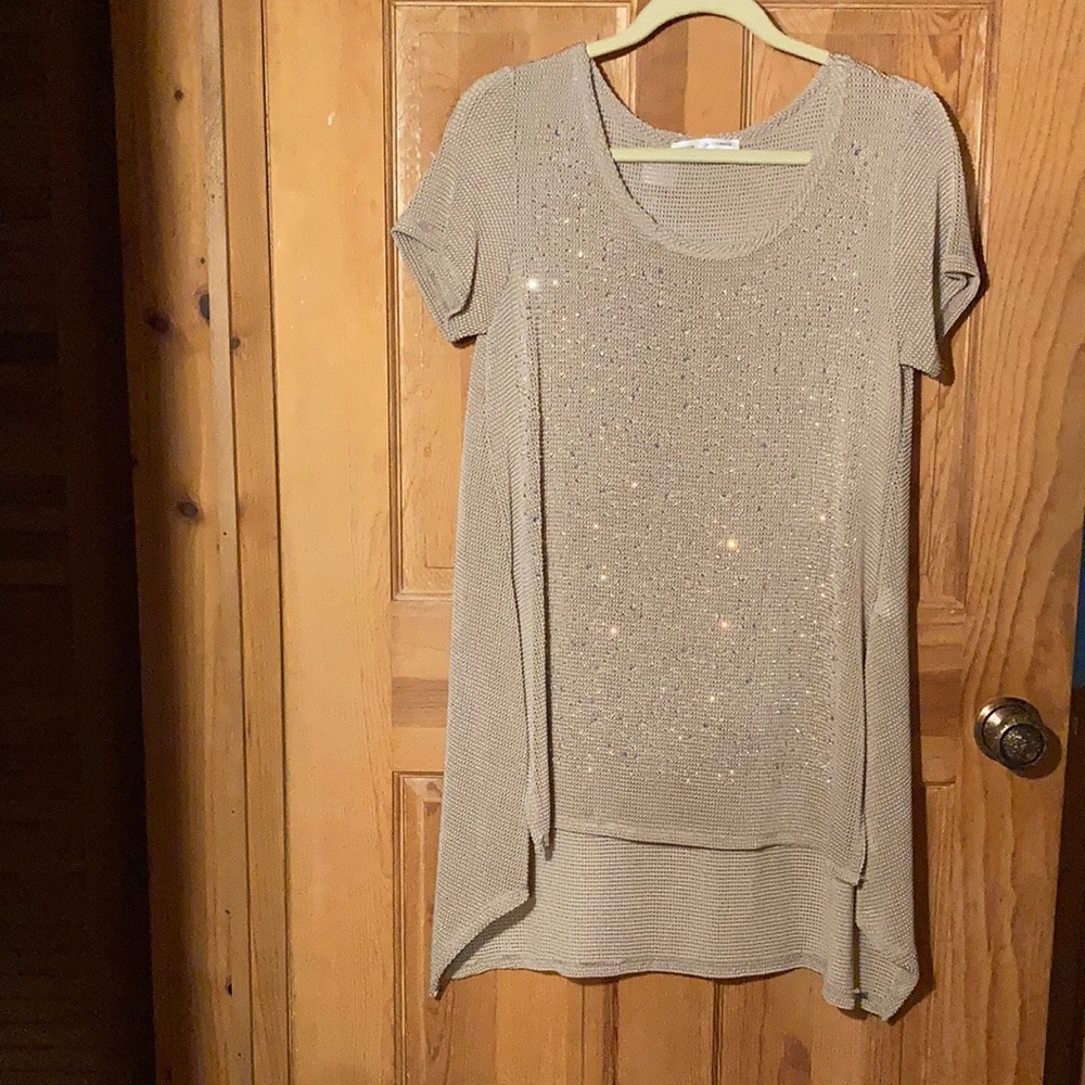 Tan high/ low dress/tunic with sparkles on the front. Super chic & comfortable.